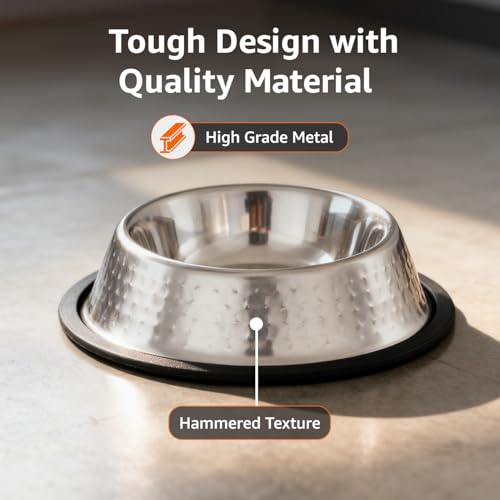 Image of Amazon Basics Stainless Steel Pet Feeding Bowls for Dog & Cats | Anti Slip Base | Hammering in SS Shiny - 900 ml