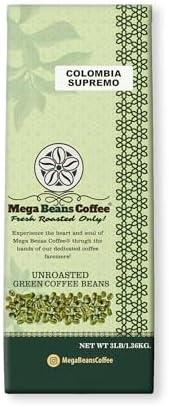 Unroasted Green Coffee Beans, Mega Beans Coffee, Specialty Grade Green Coffee Beans. (3 LB, Colombia Supremo 3 Lb)