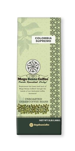Unroasted Green Coffee Beans, Mega Beans Coffee, Specialty Grade Green Coffee Beans. (3 LB, Colombia Supremo 3 Lb)