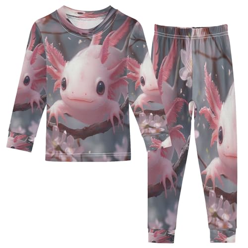 Pajama Sets Long Sleeve Kawaii Pink Axolotl Cherry Blossoms Soft Comfy Sleepwear 2 Piece PJS 3-8T
