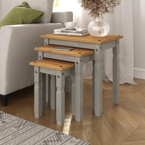 Image of Corona Nest of Tables Solid Pine Wood Set of 3 Living Room Grey Painted H51 x W53 x D36cm