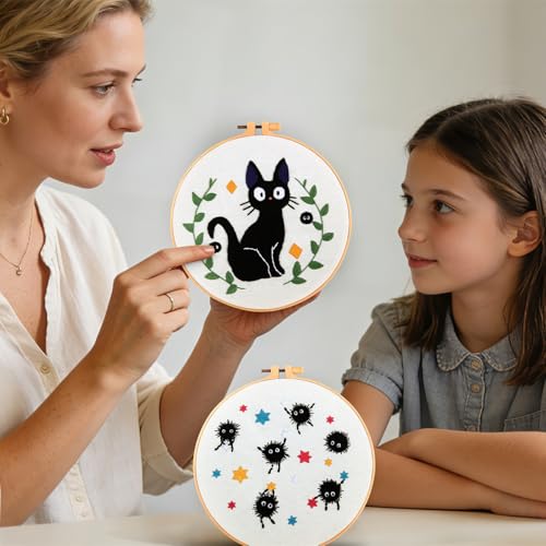 Image of Cat Embroidery Starter Kit for Beginners Adults, Animal Stamped Cross Stitch Kit for Adult Beginner, Hand Embroidery Needlepoint Kits, 2 Set Embroidery Supply, 2 Hoops (Attached Video Tutorial)
