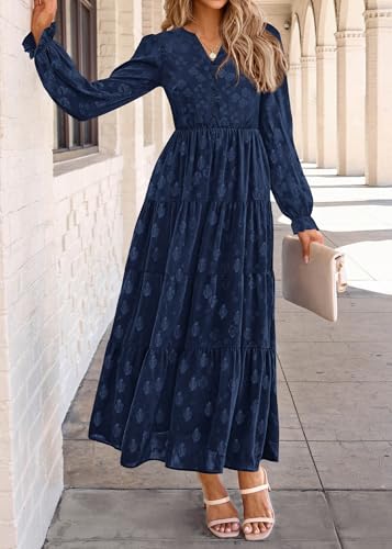 Image of KIRUNDO Spring Wedding Guest Dresses for Women 2026 Maxi Floral Long Sleeve Elegant Ruffle Tiered Flowy Party Long Dress