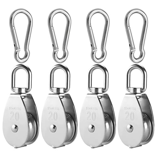 Zasjon 8 Pièces Kit de Poulie de Levage, 4 Pièces M20 Poulie pour Cable en Acier Inoxydable avec 4 Pièces Mousqueton M5, Bloc de Poulie Pivotant à 360° Poulie à Crochet Poulie Rouleau Charge de 75kg