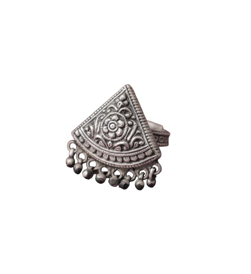 Shyle925 Solid Sterling Silver Mizoya Intricate Ghughri Drop Ring, Statement Adjustable Ring, Handcrafted Oxidized Silver Ring, Well Stamped with 925, Gift For Her, Traditional Jewellery