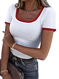 Avanova Women Ringer Scoop Neck Tee Shirts Short Sleeve Ribbed Knit Slim Fit Top White Small