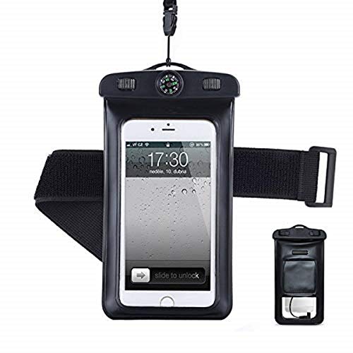 eHenZ ™ Set Pochette Waterproof IPX8 Sports et Voyage et étui 6' inch Phone Case 4 en 1 Waterproof IPX8, Boussole, Brassard, connecteur Audio Jack 3.5 mm pour des ecouteurs (Black 6" inch) Cover