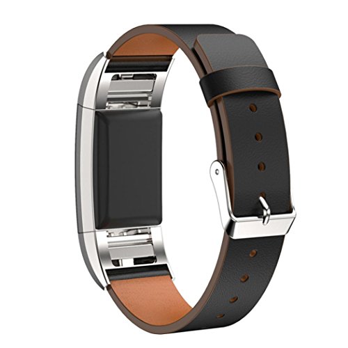 AutumnFall Replacement Luxury Genuine Leather Band Strap Bracelet for Fitbit Charge 2 (Black)