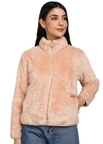 Image of Alan Jones Clothing Women's Fluffy Yarn Fleece Full-Zip Jacket | Soft Lightweight Warm Outerwear with Stand Collar & Piping at Hem & Cuffs