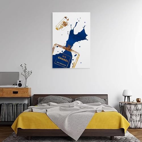 Image of BanLaArt Fashion Gold Perfume Bottle With Navy Blue Splash Canvas Print Poster Decorative Painting Canvas Wall Art Picture Print Modern Family Bedroom Decor 12x18inch(30x45cm), style-1