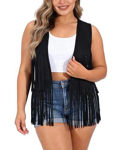 UpFind Plus Size Black Fringe Vest Women Faux Suede Western Vest Country Concert Outfits for Women XL