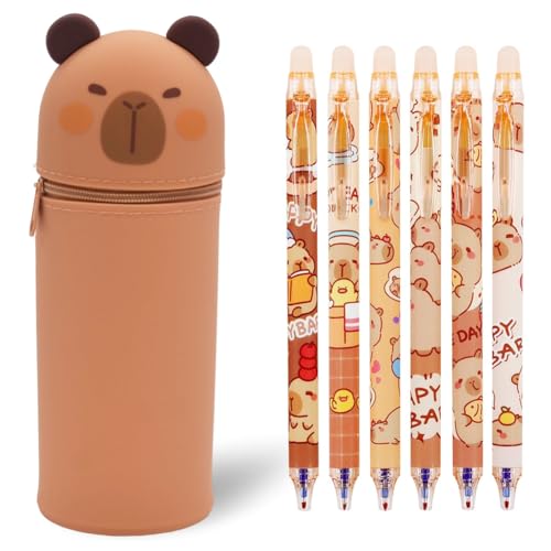 Trousse Kawaii école Trousse Silicone 2-en-1 YNOUYRS - 8 Stylos Gel Effaçables 0.7mm - Design Chat Blanc Trousse Chat Legami