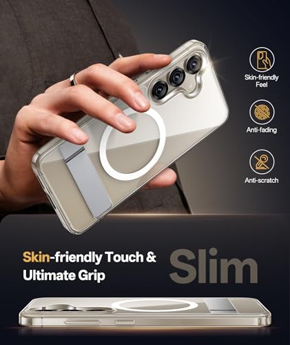 Image of Vihibii PC,Silicone For Samsung Galaxy S25 Clear Magnetic Back Cover With Stand,Compatible With Magsafe,[Anti Yellowing] Shockproof & Scratch Proof,Transparent Silm Phone Case 6.2 inch 2025,Clear