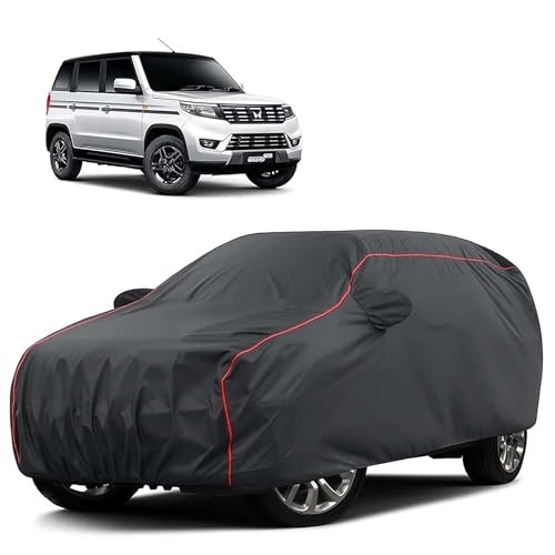 Image of Sulfar 100% Water Resistant Car Body Cover Compatible with Mirror for Mahindra Bolero Neo (Triple Stitched, Full Bottom Elastic, Dark Grey Tafetta with Red Piping)