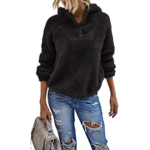 Les umes Women's Fluffy Fleece Pullover Hoodie Long Sleeves Soft Teddy Fleece Sweatshirt with Button Black S Cover