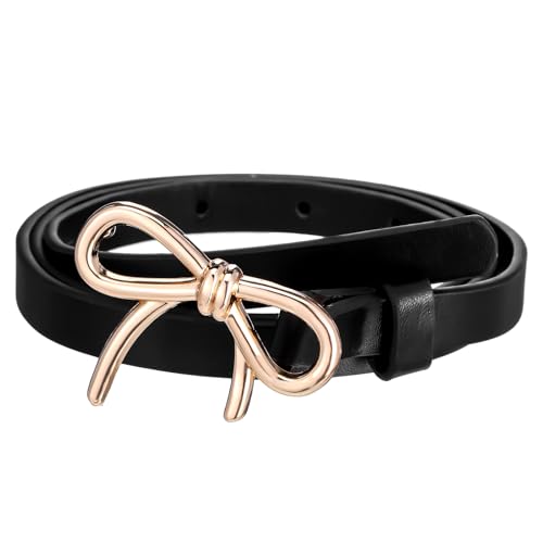 Skinny Leather Belt Black Thin Waist with Metal Bow Skinny Belts for Women Dress Jeans Pants