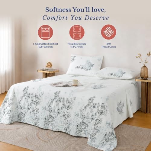 Image of Jaipur Weaves Cotton King Size Bedsheet 108x108 Super King, 100% Pure Cotton Bed Sheet with 2 Pillow Covers, 240 TC Soft Breathable Floral Design Bedding - (Garden Blue, Super King)