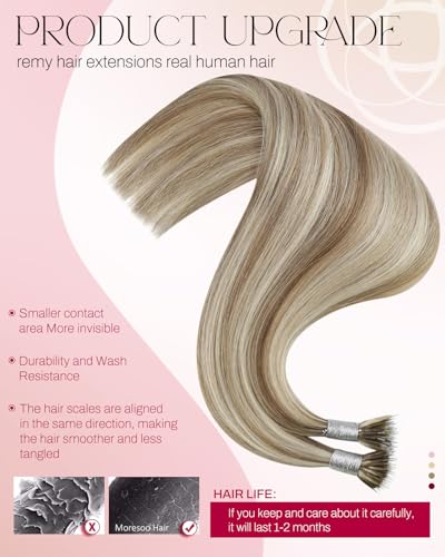 Image of Moresoo Nano Hair Extensions Human Hair, Beige Platinum Blonde, 20 Inch | 50g 50 strands, no-glue ring installation, human hair can be curled or straightened for casual and date-night looks