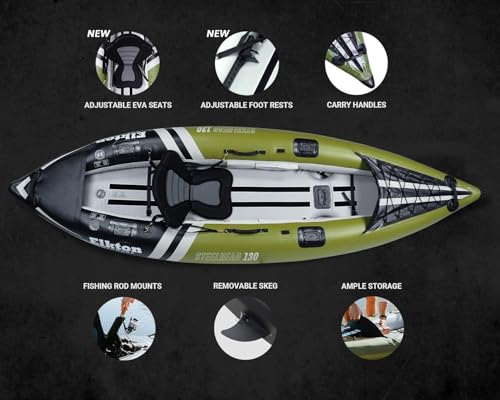Elkton Outdoors Steelhead Inflatable Fishing Kayak Boat - 2 Person Angler Blow Up Tandem Kayak, Includes Paddles, Seats, Hard Mounting Points, Bungee Storage, Rigid Dropstitch Floor and Spray Guard
