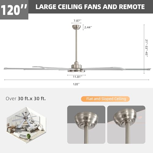 Image of WINGBO 120 Inch Industrial Ceiling Fan with Light and Remote, 8 Aluminum Blades Large Ceiling Fans, 3CCT, 6-Speed Reversible Quiet DC Motor for Kitchen Bedroom Living Room, Nickel and Silver