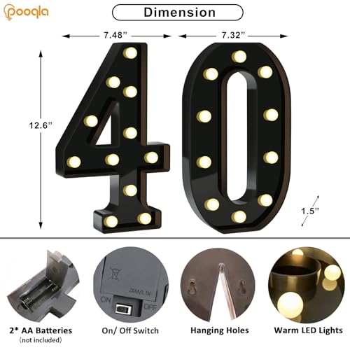Image of Pooqla 40th Birthday Decorations for Men, Large Black Light Up Numbers | Black Party Decorations, 12.6in Tall Big Marquee Numbers 40th Anniversary Birthday Gift for Men Him Wedding Room Decor