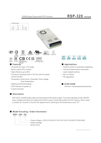 Alimentation à découpage RSP-320-12 à haute efficacité énergétique avec PFC active