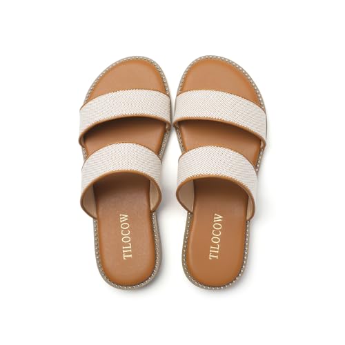 Image of Tilocow Women's Flat Sandals Two Strap Summer Dressy Studded Slide Sandals Open Toe Cute Casual Slip on Comfort Shoes for Beach Travel Daily Wear