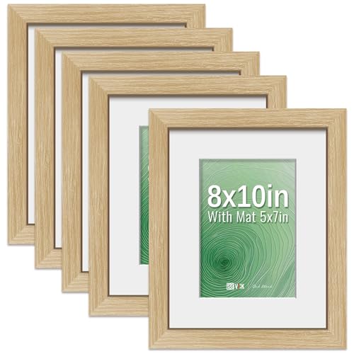 Image of VCK 8x10 Picture Frame 5 Pack, Oak Wood, 5x7 Mat, Glass, for Portrait