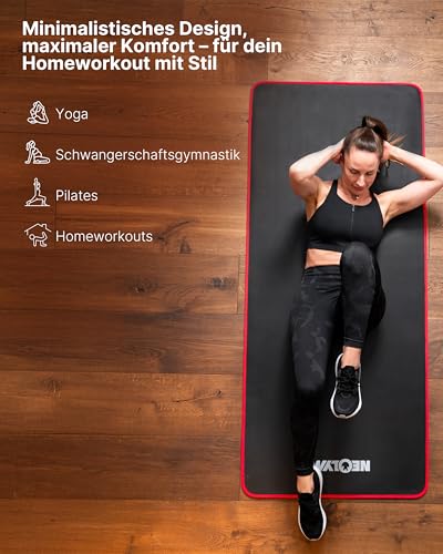NEOLYMP extra dicke Fitnessmatte rutschfest inkl. Tragegurt & E-Book – Yogamatte, Gymnastikmatte, Sportmatte & Pilates Matte – Trainingsmatte für Zuhause, Studio & Outdoor (Schwarz-Rot 61 cm)
