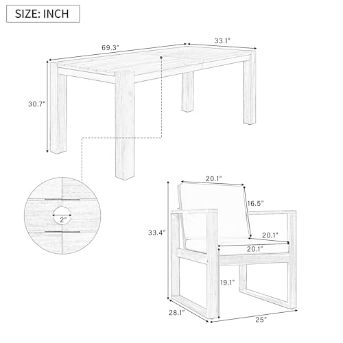 Image of Outdoor Patio Dining Table and Chairs Set for 6, 7 PCS Patio Furniture Set | Outdoor Dining Set for 6 with Umbrella Hole, Wood Frame with Removable Cushion for Garden, Backyard, Lawn and Poolside
