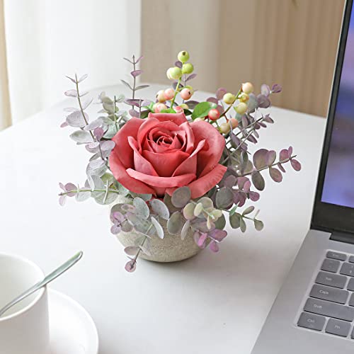 Rosscer Artificial Flowers Kit With Pot, Combination Of Fake Silk Pink Roses And Greenery,Small Plant Potted Decor For Offices,Bookshelf,Bedroom, Living Room,Party,Wedding Decorations… #TOP5