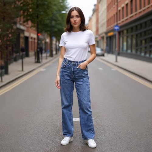 Women Jeans Trendy Wide Leg Stretchy Jeans High Waist Straight Leg Jean Mom Loose Cinch Baggy Jean with Pockets Boyfriend Cute Denim Pants Flare Baggy Palazzo Pants Cowgirl Outfits Prison Blues3