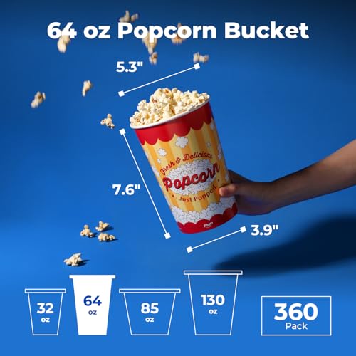 Image of Fit Meal Prep 360 Pack Classic Paper Popcorn Buckets Disposable, 64 Oz Grease Resistant Popcorn Bowls Cups for Machine Home Theater Carnival Movie Night
