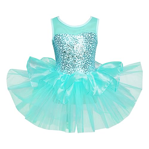 RUNQHUI Kids Girls Sleeveless Sparkle Sequins Ballet Dance Dress Tutu Skirted Leotard Gymnastics Skating Dress Green 5-6 Years