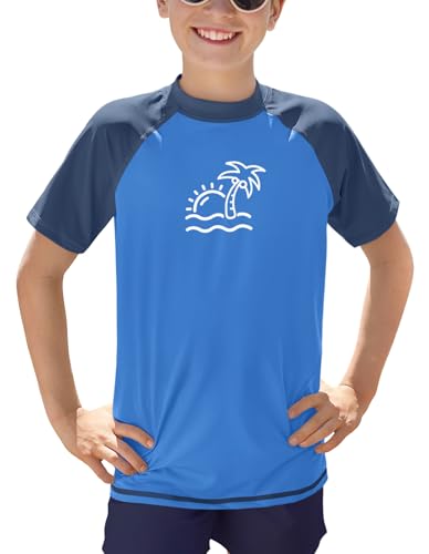 BesserBay Kinder Rundhals UPF 50+ Badeshirt UV Shirt Blau Kurzarm Swimsuit Bademode Rashguard 130