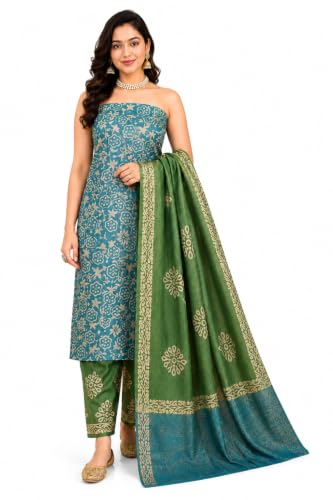 Image of HAIDER ALI AND SONS Women's Cotton Silk Batik Print Unstitched Dress Material with Dupatta | Handloom Salwar Suit Material | Kurta Fabric, Bottom & Dupatta Set | Ethnic Wear for Office