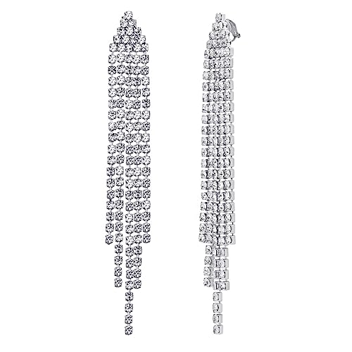 SELOVO Chandelier Tassel Dangle Linear Drop Earrings Party Jewelry Clear Austrian Crystal (3inch -Clip On-Clear)