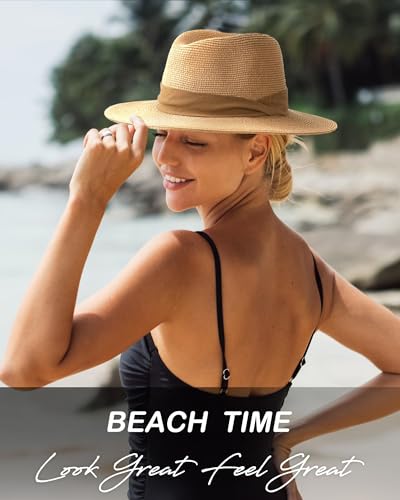 Image of FURTALK Sun Hat Wide Brim Straw Fedora Panama Beach for Men Women | Foldable & Packable for Travel, Breathable Sweatband, Adjustable Chin Strap, Ideal for Summer Boating, Gardening or Holidays