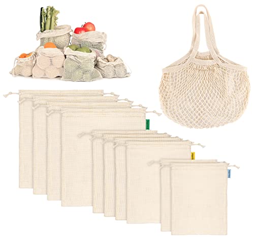 Anstore Lot de 11 sacs à fruits et légumes réutilisables en coton sans plastique - Filet de courses pour fruits et légumes - Sacs à pain lavables (2 S, 4 M, 4 x L+1 sac de rangement)