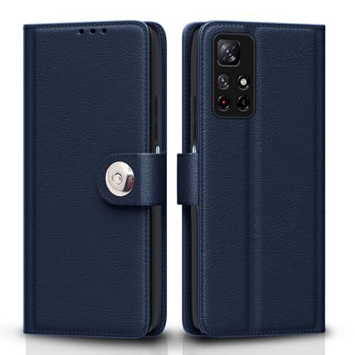 Image of Pikkme Flip Cover Leather Finish | Inside TPU with Card Pockets | Wallet Stand and Shock Proof | Complete Protection Button Flip Case for Mi Redmi Note 11T / Poco M4 Pro (Blue)