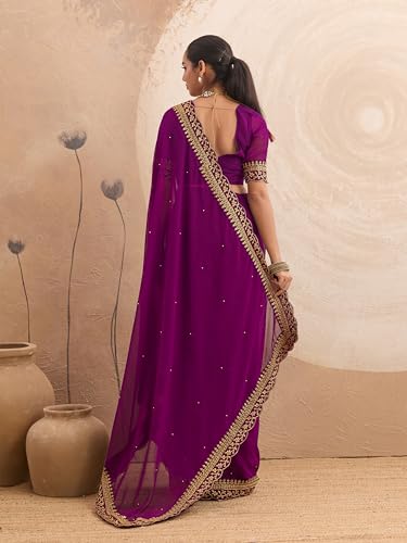Image of Women's Georgette Embroidery Border Beads work Saree with Blouse Piece