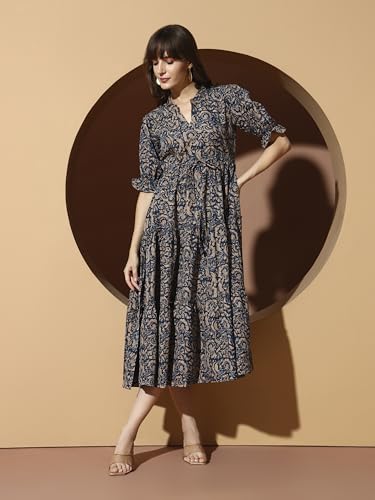 Image of KZULLY | Dress for Women | Midi Dress | Floral Printed | Polyester Fabric | Bell Sleeve Ethnic A-Line | Tiered Fit & Flare | Casual & Festive