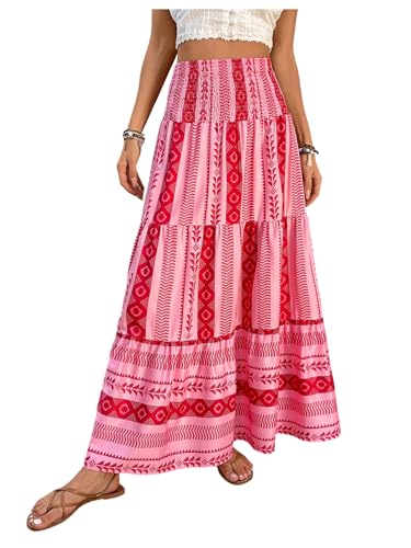 SweatyRocks Women's Summer Boho Maxi Skirts Flowy Ruffle Tiered Shirred Elastic Waist Beach Skirts