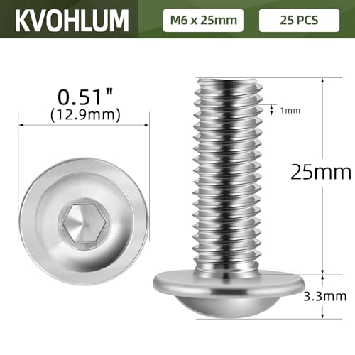 Image of M6-1.0 x 25mm 25 PCS Flanged Button Head Socket Cap Bolts Screws, Stainless Steel 304, Allen Socket Drive, Screwdriver Bit Included, Bright Finish, Fully Machine Thread