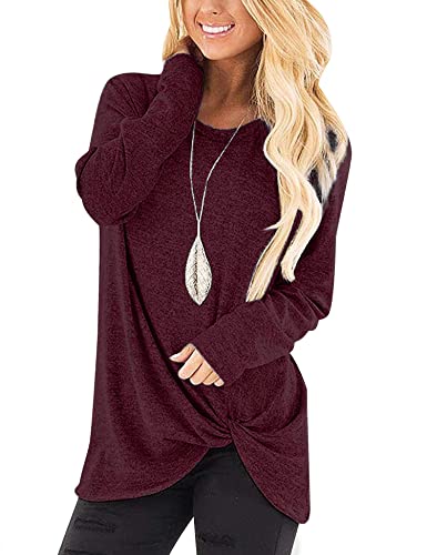 Bloggerlove Twist Front Tops For Women Long Sleeve Shirts To Wear With Leggings T Shirts Plus Size Fall Tunic Tops Trendy Wine Red L