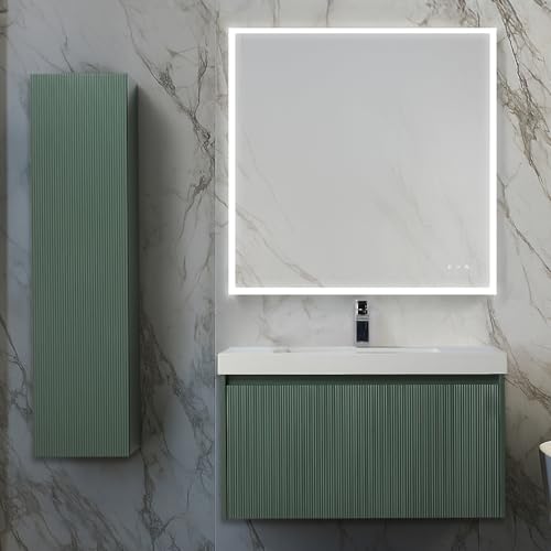 Blossom Modern Green Bathroom Vanity with Sink 36 Inch - Premium All Wood Floating Vanity with Side Storage Cabinet - Vertical Slat Design, Moisture-Shield Finish, Aventurine Green