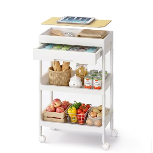 SONGMICS Carro de 3 Niveles, Carrito de Cocina con Ruedas, con Bandeja Extraíble y Cajón, de Plástico, Fácil de Montar, Blanco y Roble Dorado BSC069W101