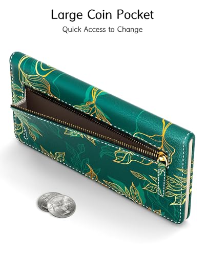 Image of Nipichsha Womens Wallet, RFID Slim Wallets for Women, Thin Ladies Credit Card Holder Purse, Cute Leather Bifold Clutch Billfold with 11 Card Slots & ID Window, Luxury Green Leaf