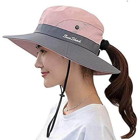 Womens Sun Hat with Ponytail Hole Outdoor UV Protection Beach Sun Hats Foldable Summer Wide Brim Bucket Hats Pink Cover