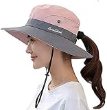 Womens Sun Hat with Ponytail Hole Outdoor UV Protection Beach Sun Hats Foldable Summer Wide Brim Buc